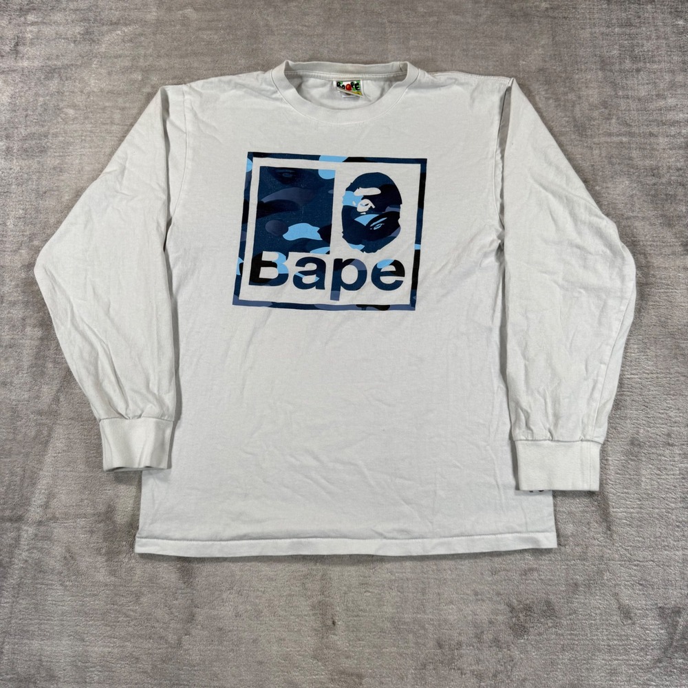 BAPE Shirt Mens Medium White Camo Logo A Bathing Ape Long Sleeve Streetwear